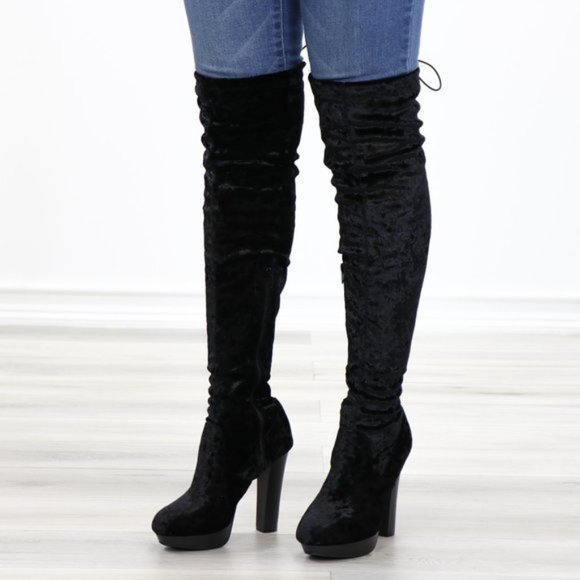 Black Velvet Thigh High Heel Boots Back Tie - Picture 2 of 15